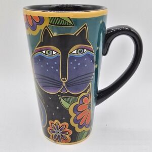 Laurel Burch Black Cat Coffee Mug 6" Tall Ceramic Blue Purple Cup Vtg